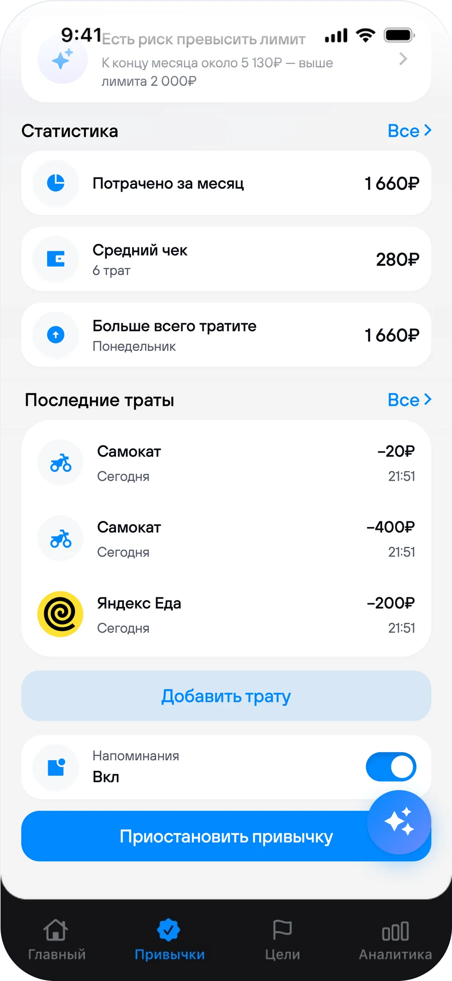 Страница привычки: траты