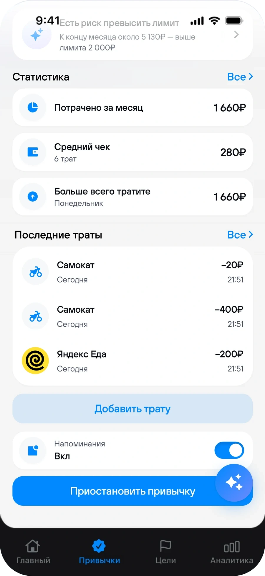 Страница привычки: траты